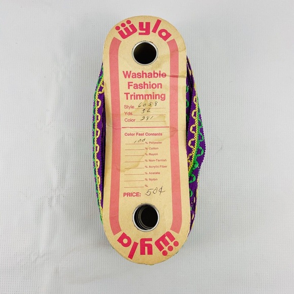 Vintage Wyla Trim Washable Polyester Fashion Trimming Purple Yellow Green 36 yds - Picture 2 of 4